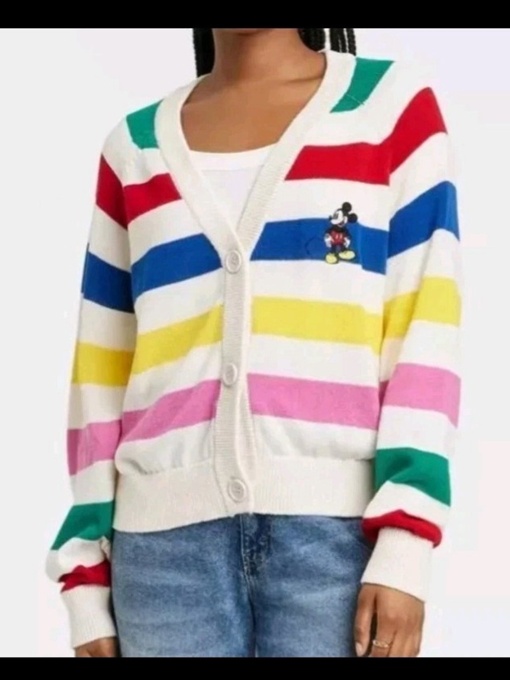 Disney 100 Mickey Mouse Rainbow Striped Button Up Cardigan Sweater Womens XS NWT